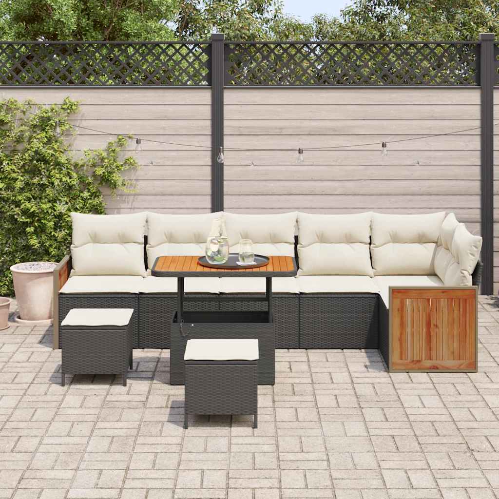 Conjunto de Sofá de Jardim com almofada 9 pcs Preto e creme