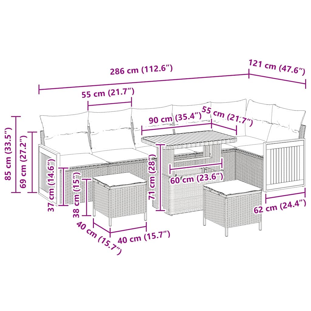 Conjunto de Sofá de Jardim com almofada 9 pcs Cinzeto