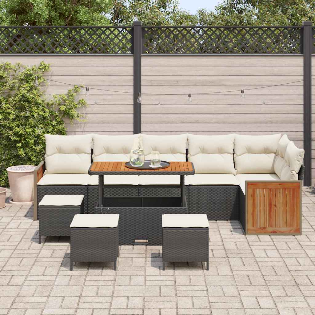 Conjunto de Sofá de Jardim com almofada 10 pcs Preto e creme