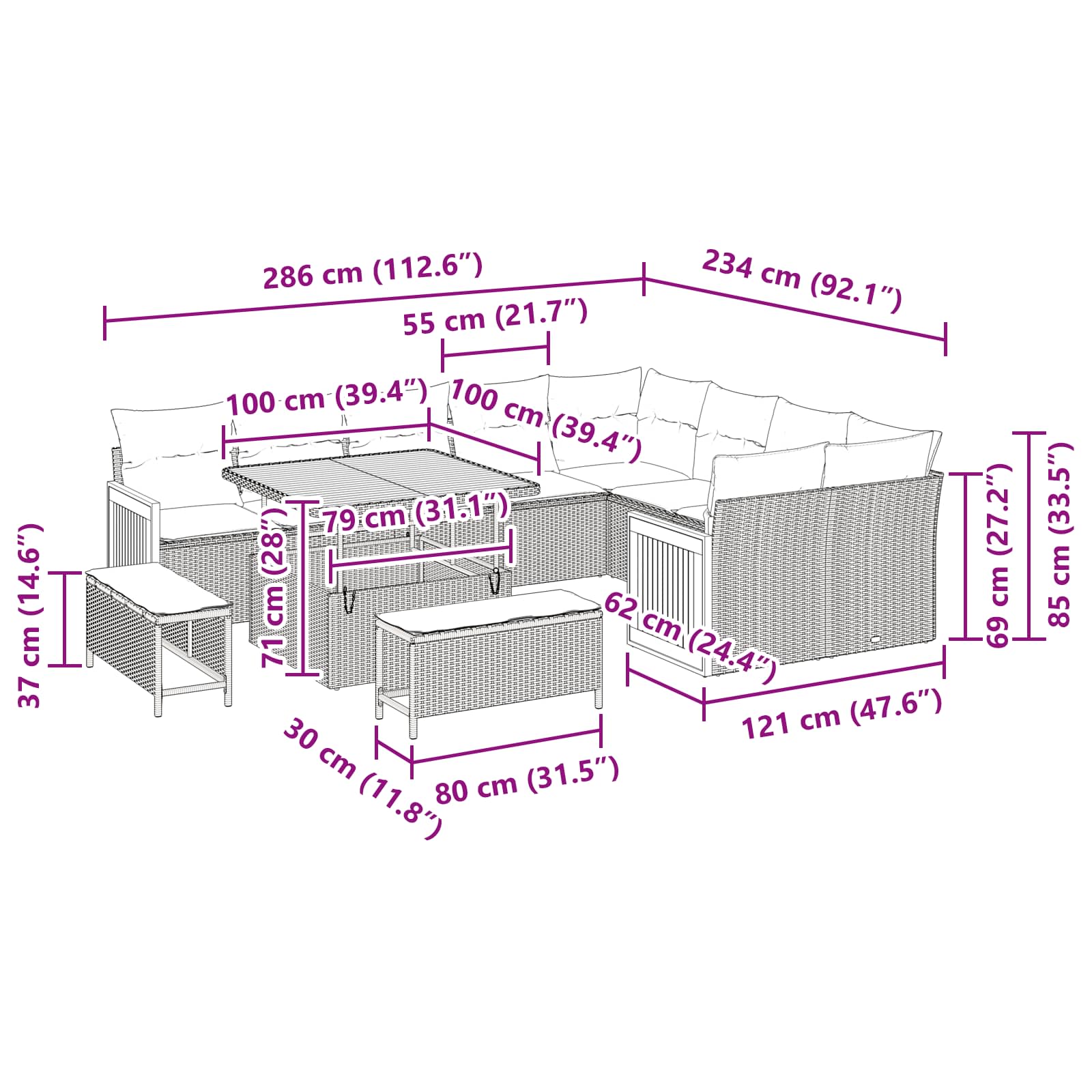 Conjunto de Sofá de Jardim 12 pcs Preto 100 x 100 x 71 cm
