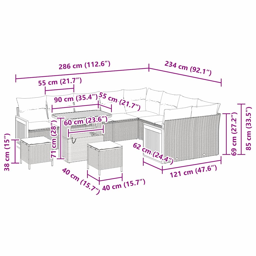 Conjunto de Sofá de Jardim 12 pcs Preto 90 x 55 x 71 cm