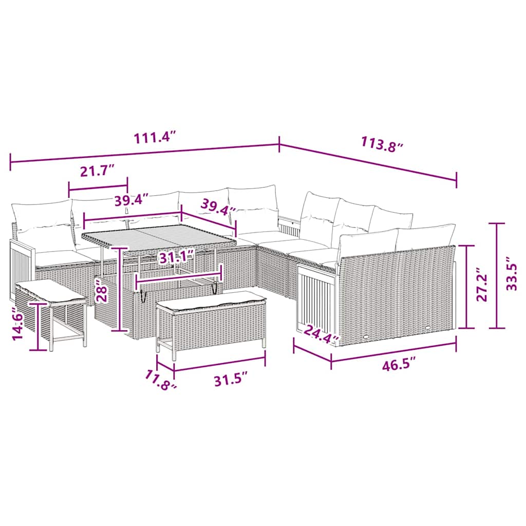 Conjunto de Sofá de Jardim com almofada 13 pcs Preto