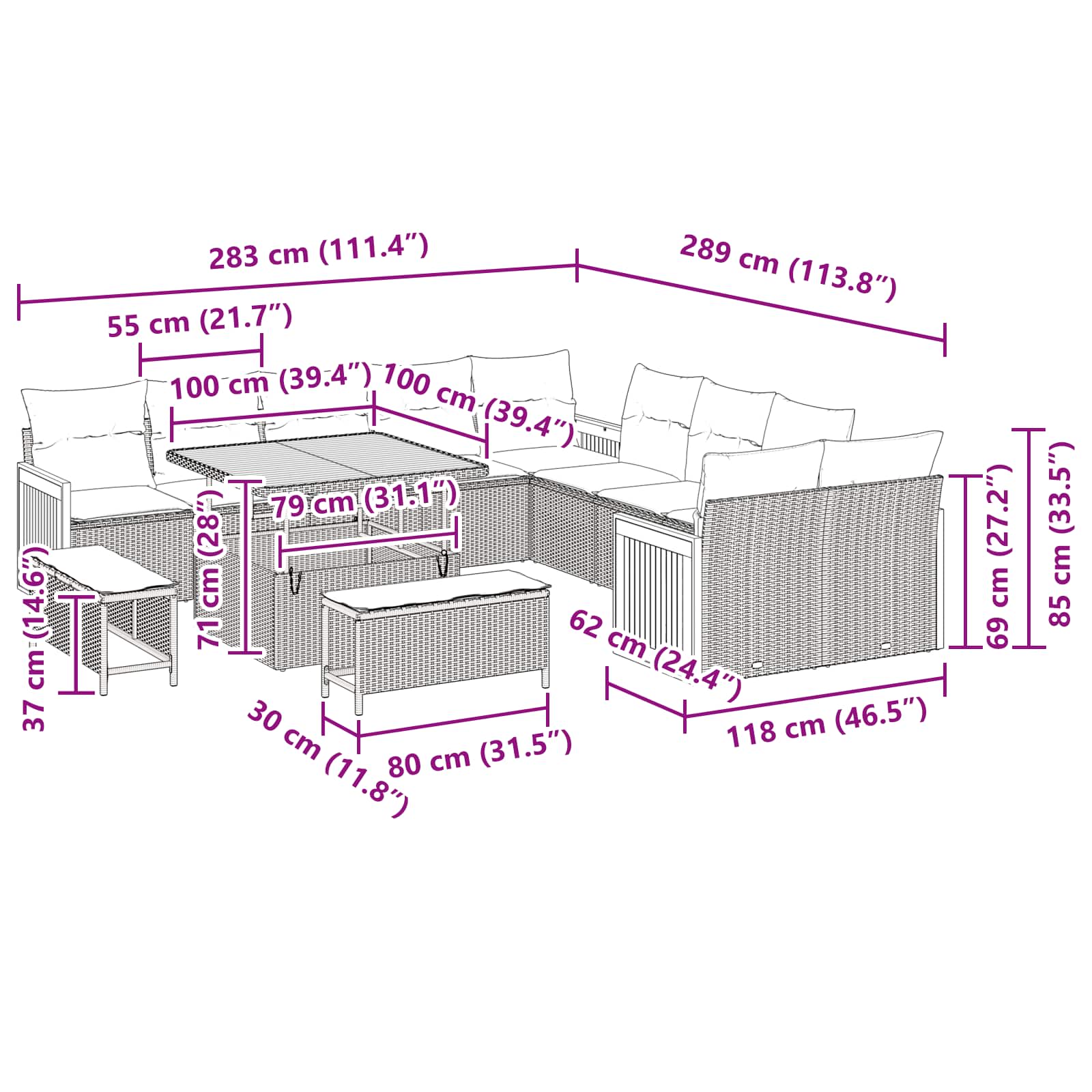 Conjunto de Sofá de Jardim com almofada 13 pcs Preto