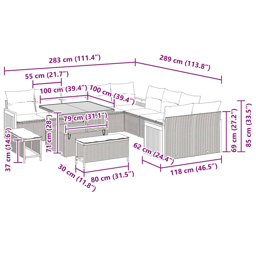 Conjunto de Sofá de Jardim com almofada 13 pcs Preto e creme