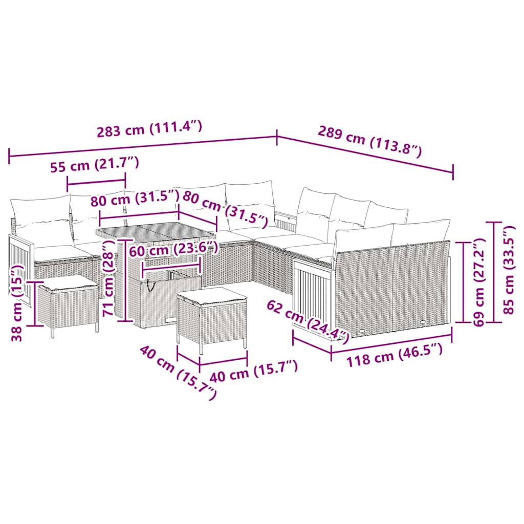 Conjunto de Sofá de Jardim com almofada 13 pcs Preto e creme