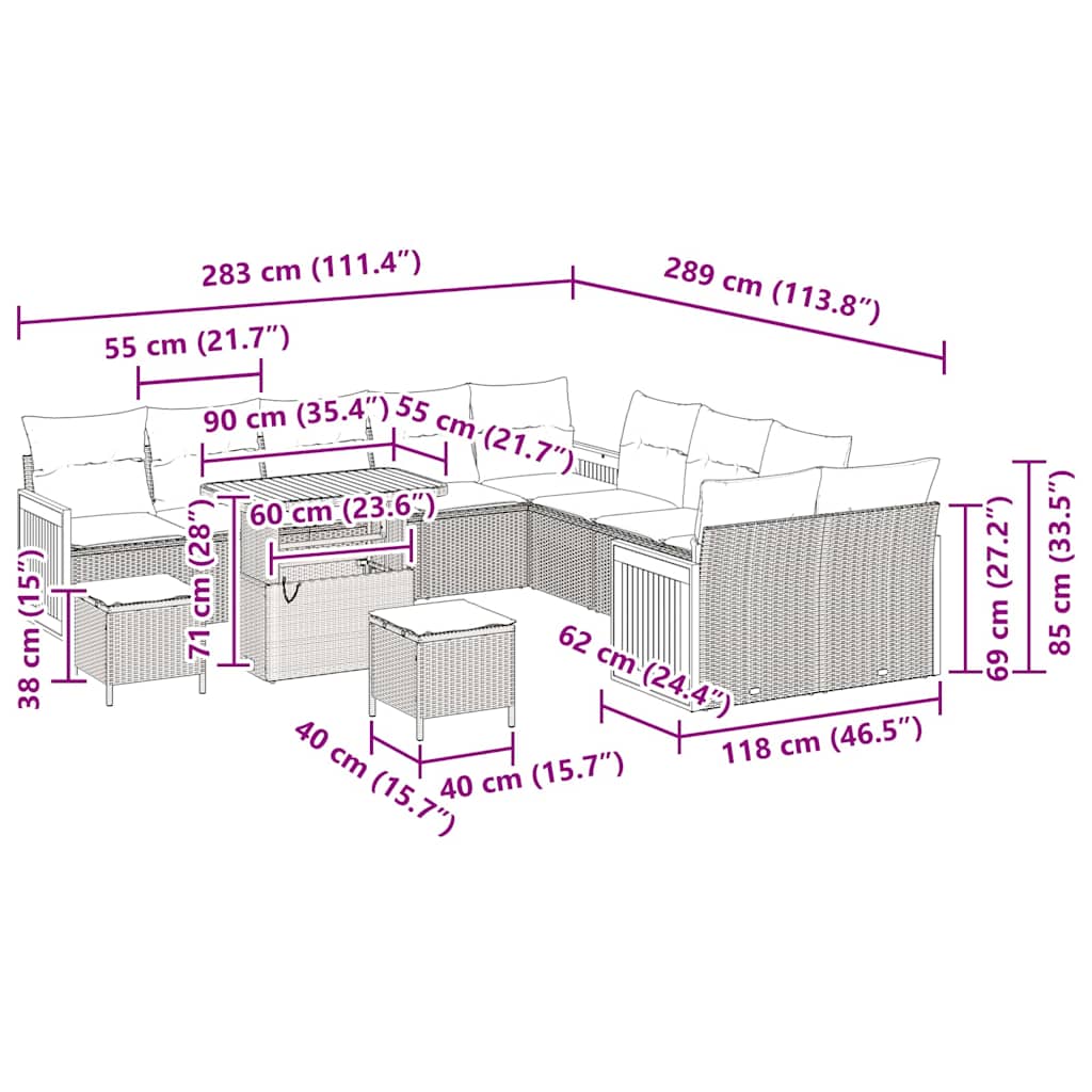 Conjunto de Sofá de Jardim com almofada 13 pcs bege e creme