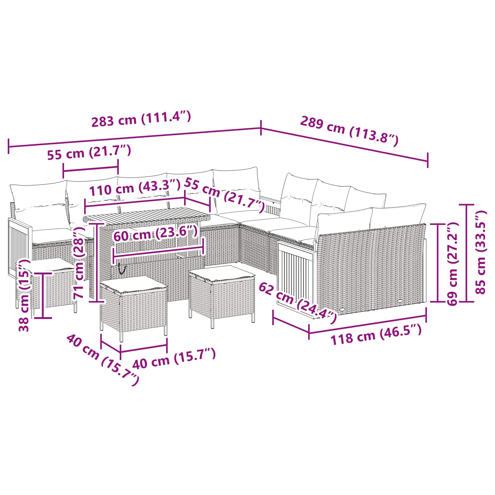 Conjunto de Sofá de Jardim com almofada 14 pcs Preto