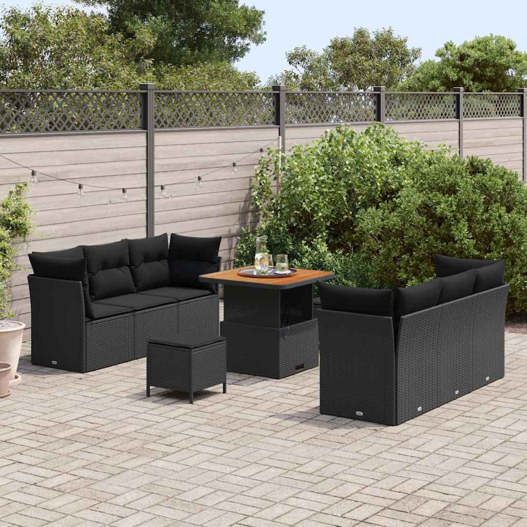 Conjunto de Sofá de Jardim com almofada 9 pcs Preto vime PE