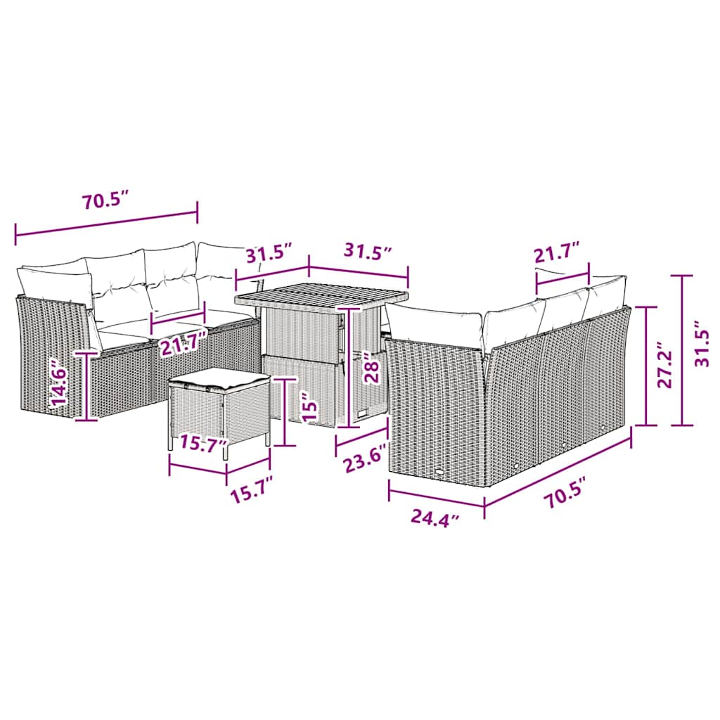 Conjunto de Sofá de Jardim com almofada 9 pcs Preto vime PE