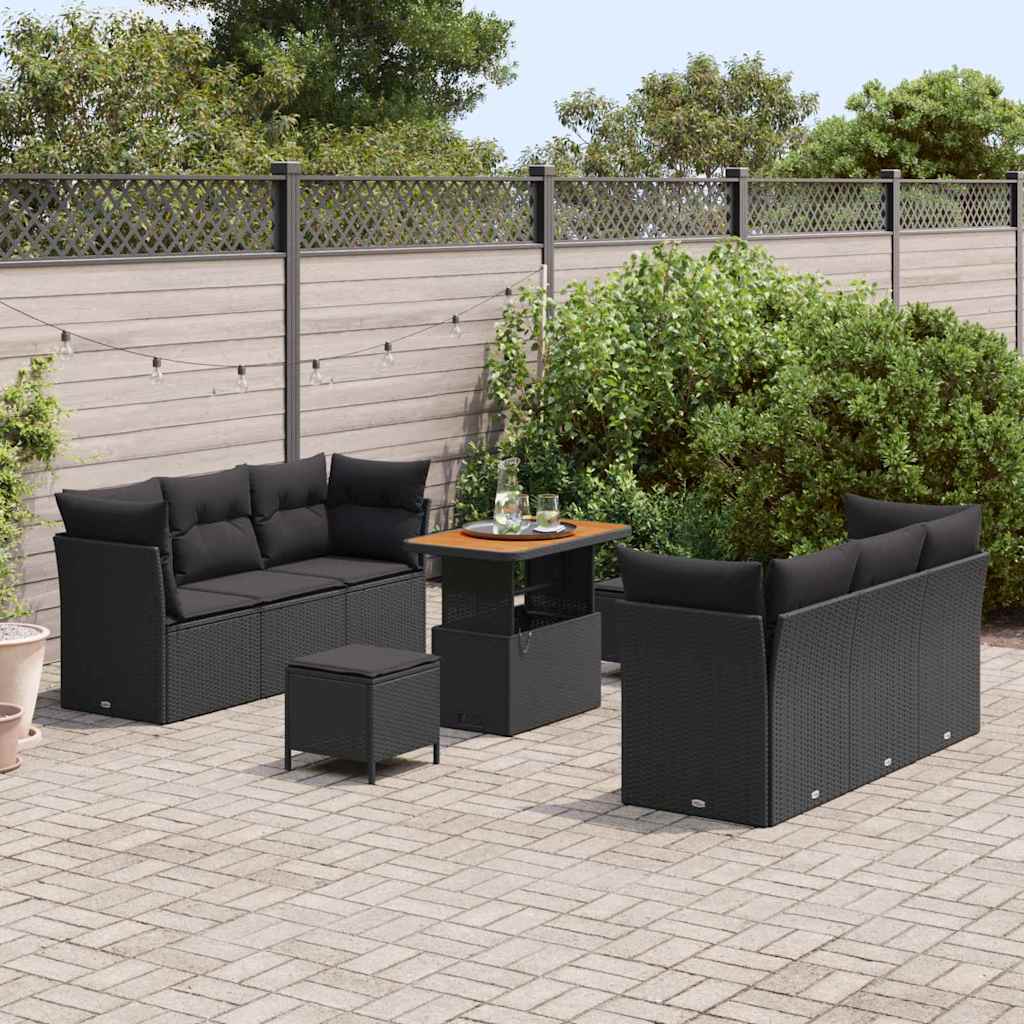 Conjunto de Sofá de Jardim com almofada 9 pcs Preto vime PE