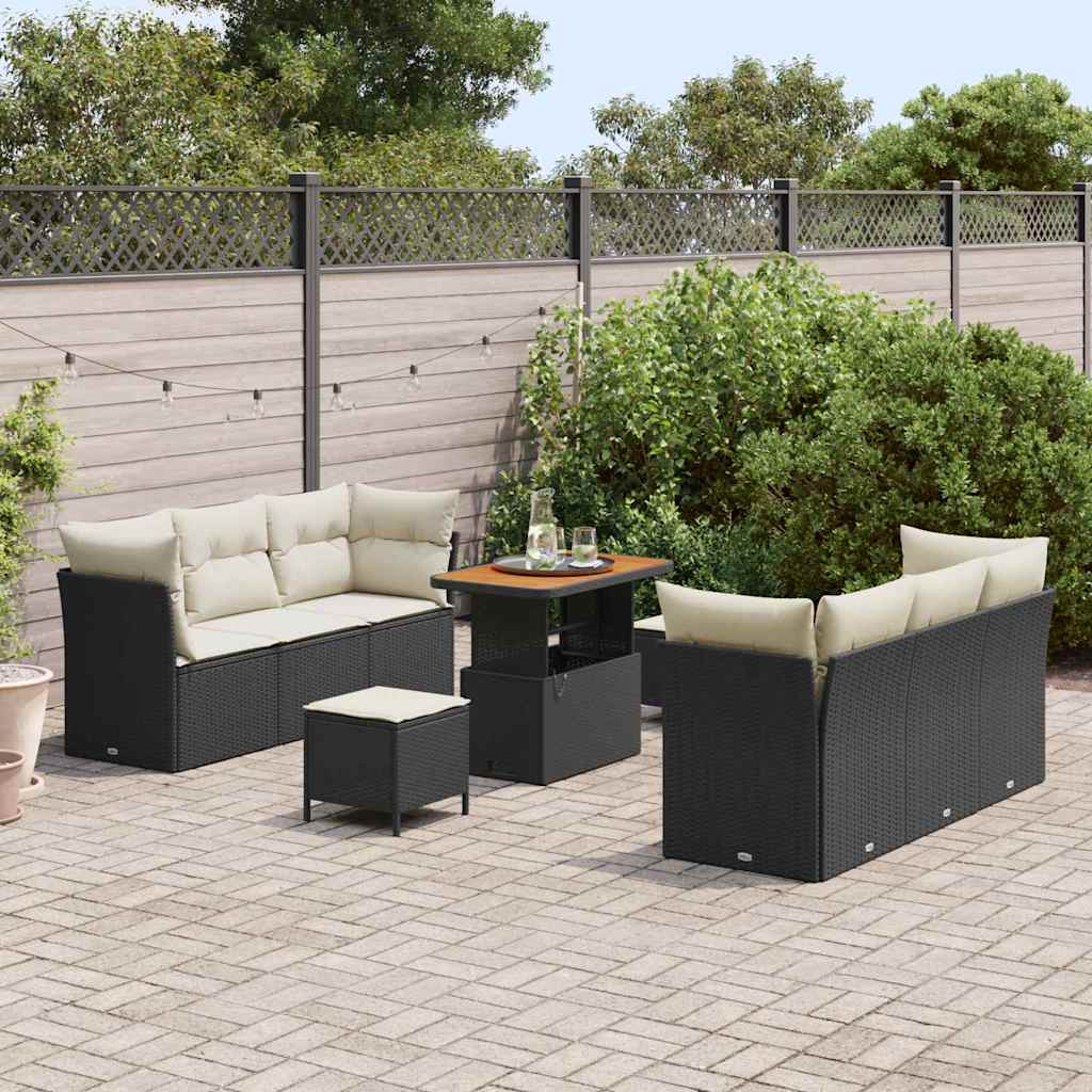 Conjunto de Sofá de Jardim 9 pcs Preto e Creme vime PE
