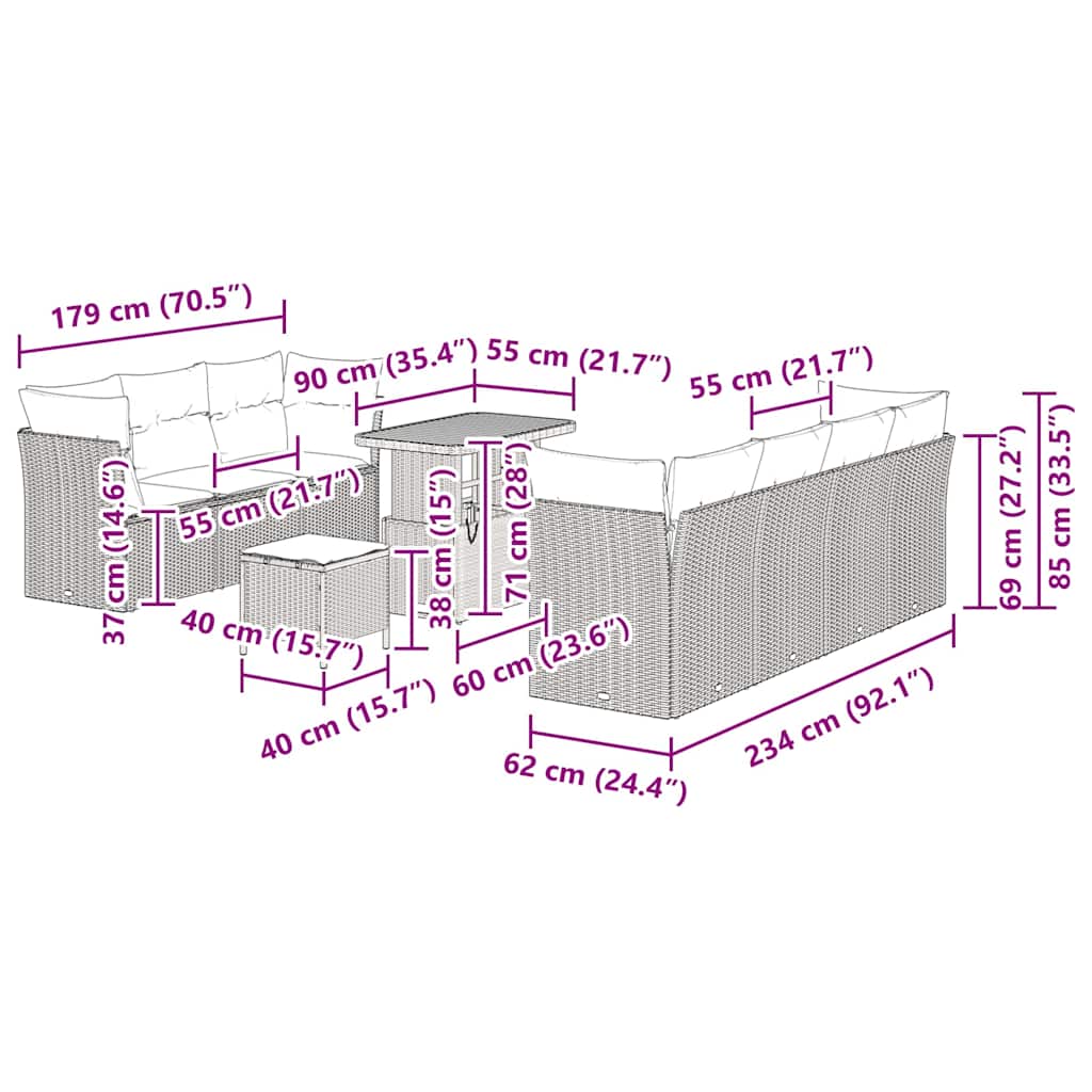 Conjunto de Sofá de Jardim com almofada Manual 10 pcs Cinzeto