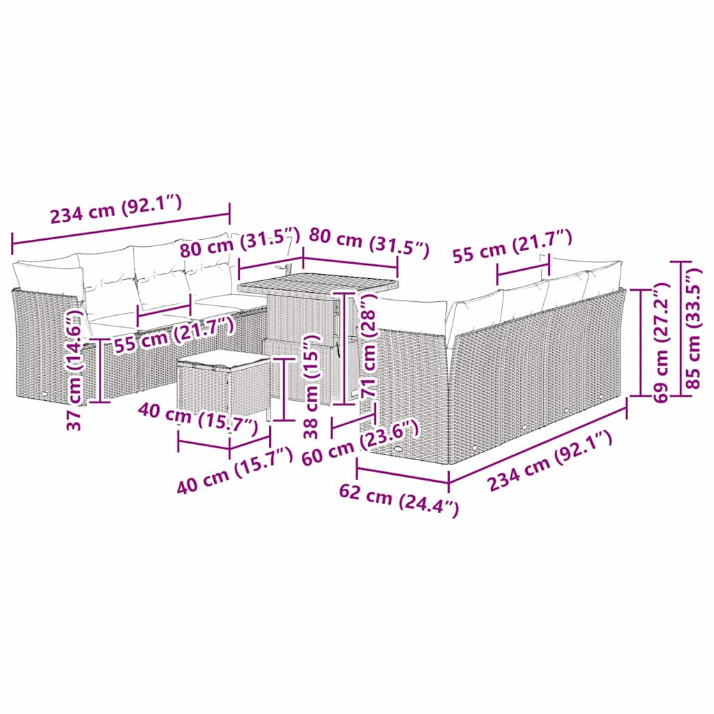 Conjunto de Sofá de Jardim 11 pcs Bege e Cinza Claro vime PE