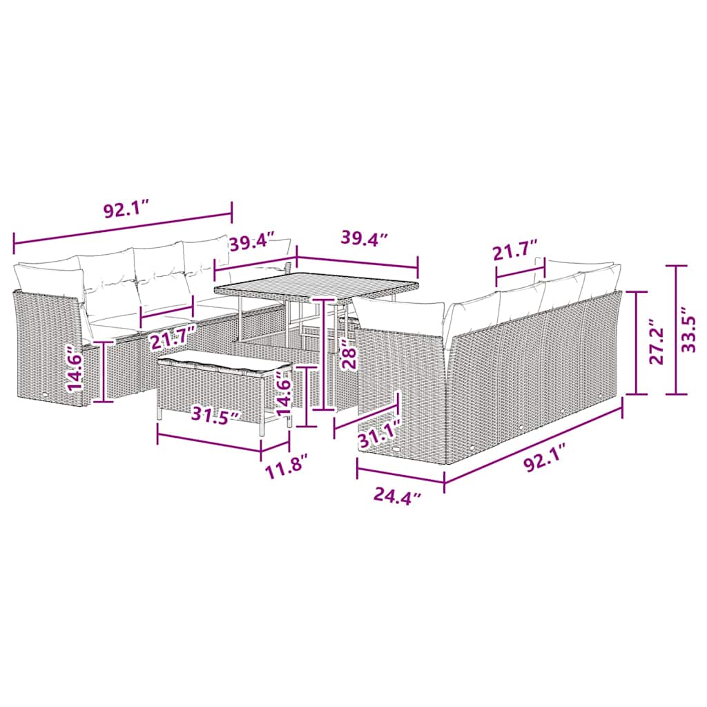 Conjunto de Sofá de Jardim com almofada 11 pcs Preto vime PE
