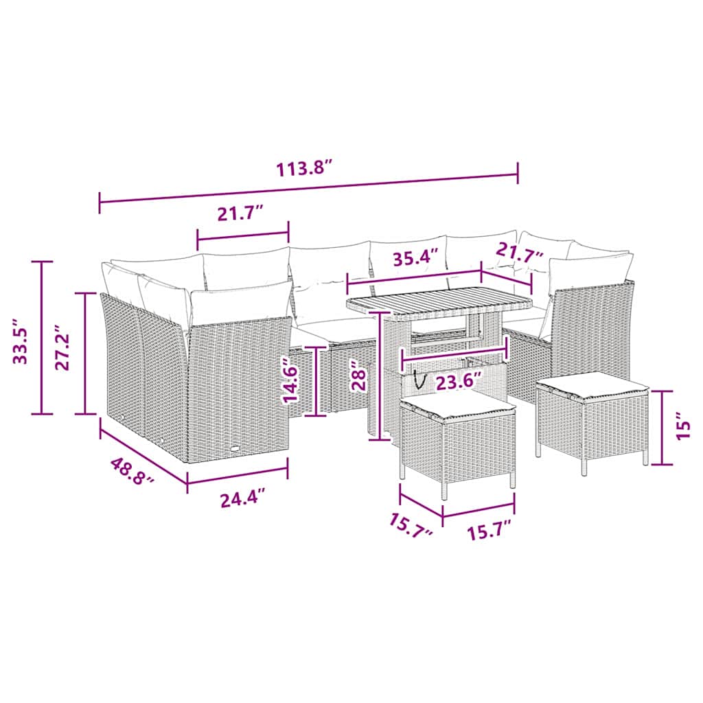 Conjunto de Sofá de Jardim com almofada Manual 10 pcs Preto