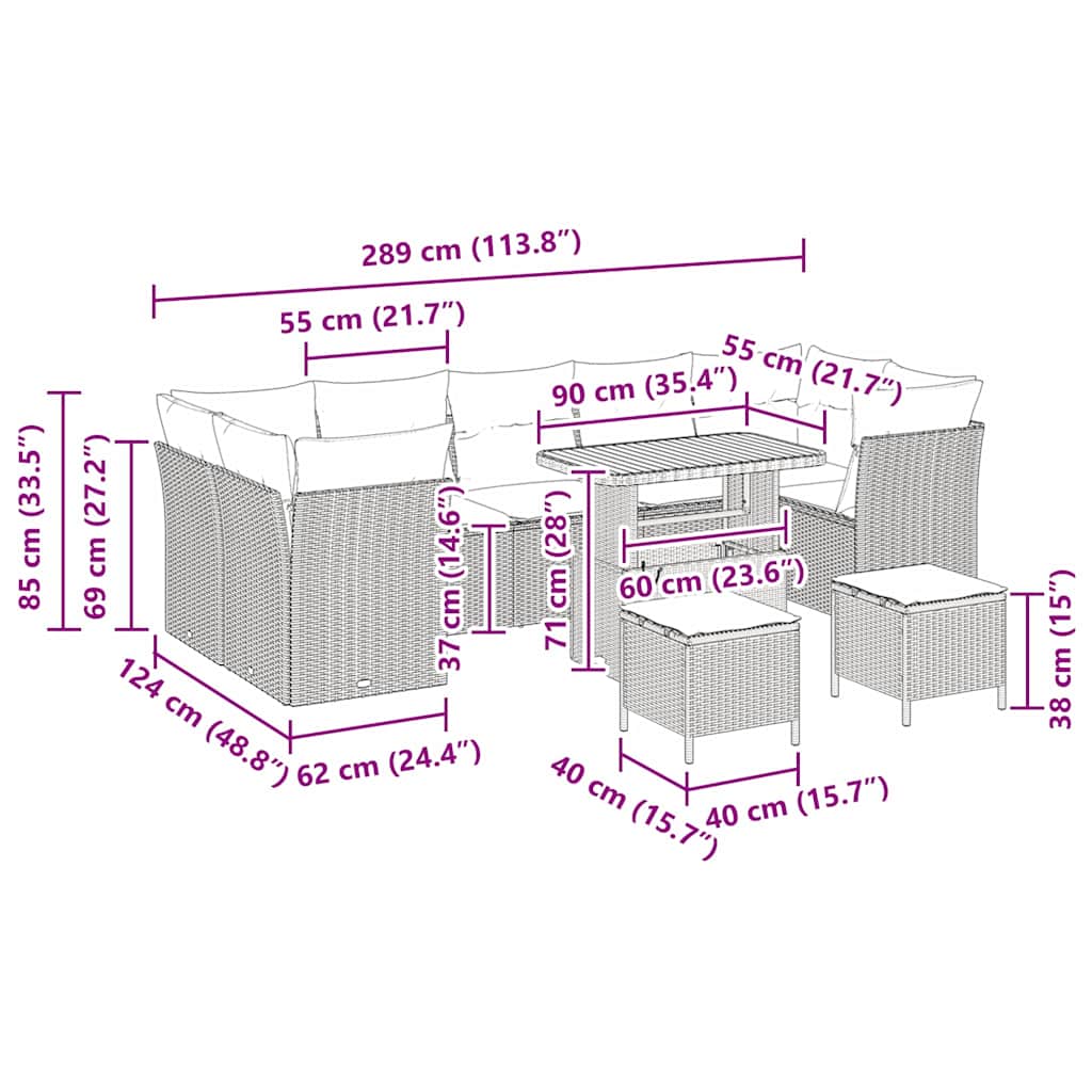 Conjunto de Sofá de Jardim com almofada 10 pcs bege e creme
