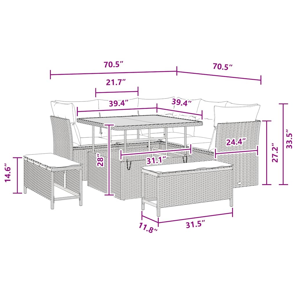 Conjunto de Sofá de Jardim com almofada 8 pcs Preto