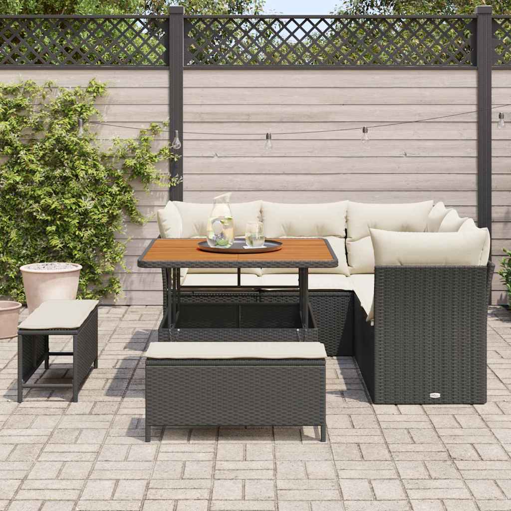 Conjunto de Sofá de Jardim com almofada 8 pcs Preto e creme