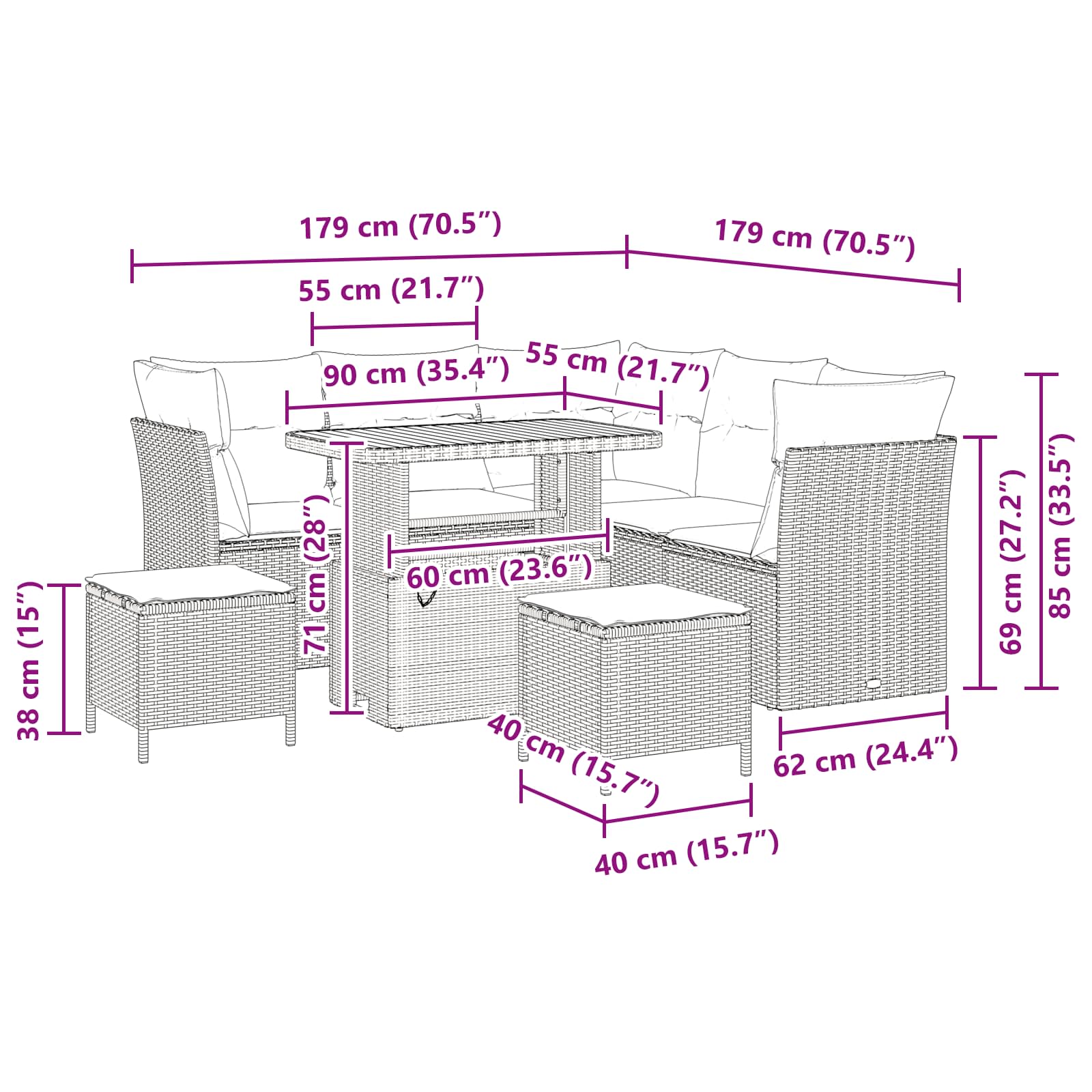 Conjunto de Sofá de Jardim com almofada 8 pcs Preto