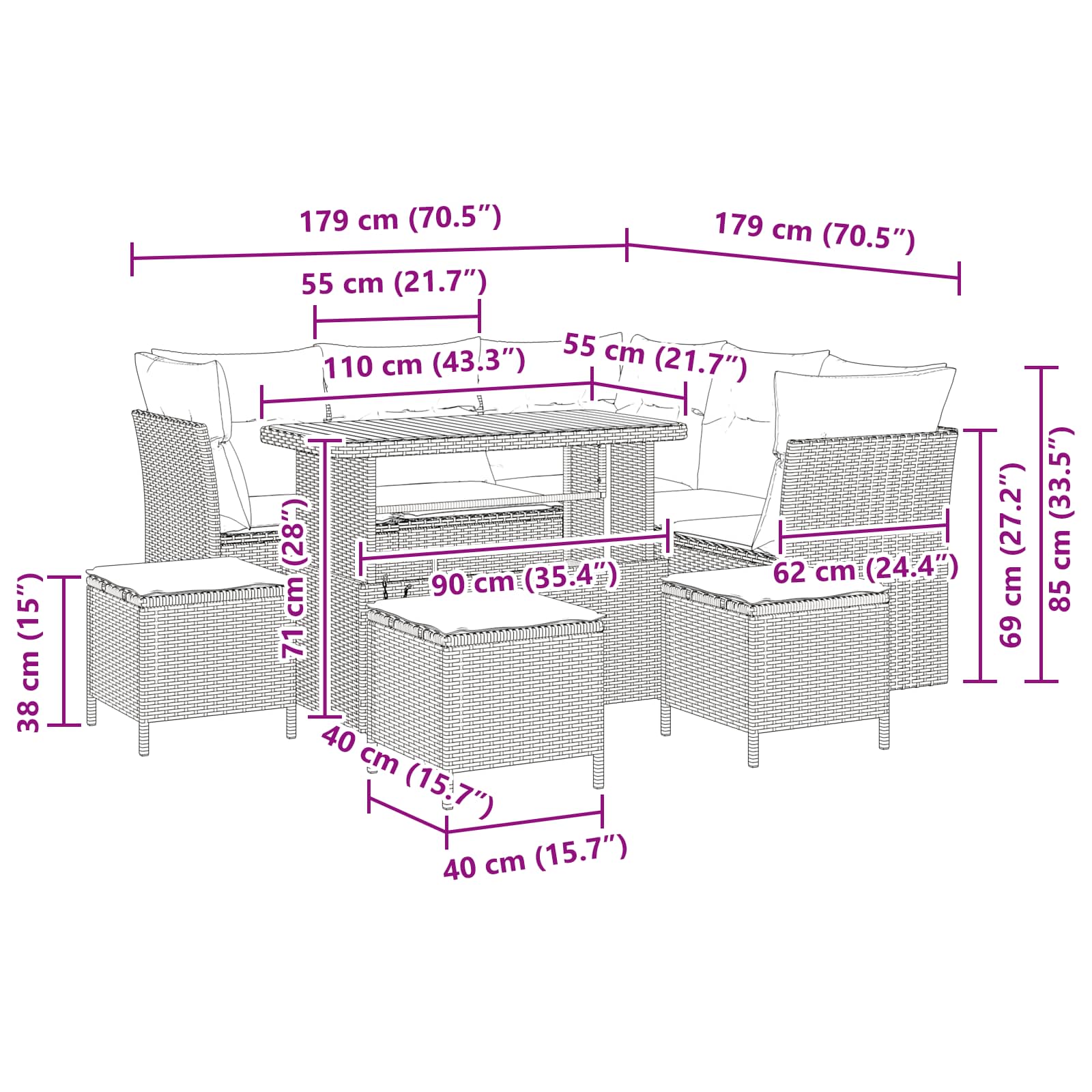 Conjunto de Sofá de Jardim com almofada 9 pcs Preto