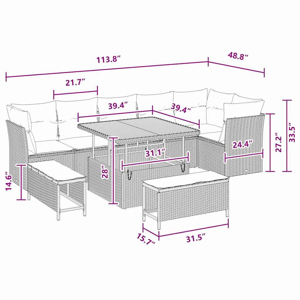 Conjunto de Sofá de Jardim com almofada 9 pcs Preto