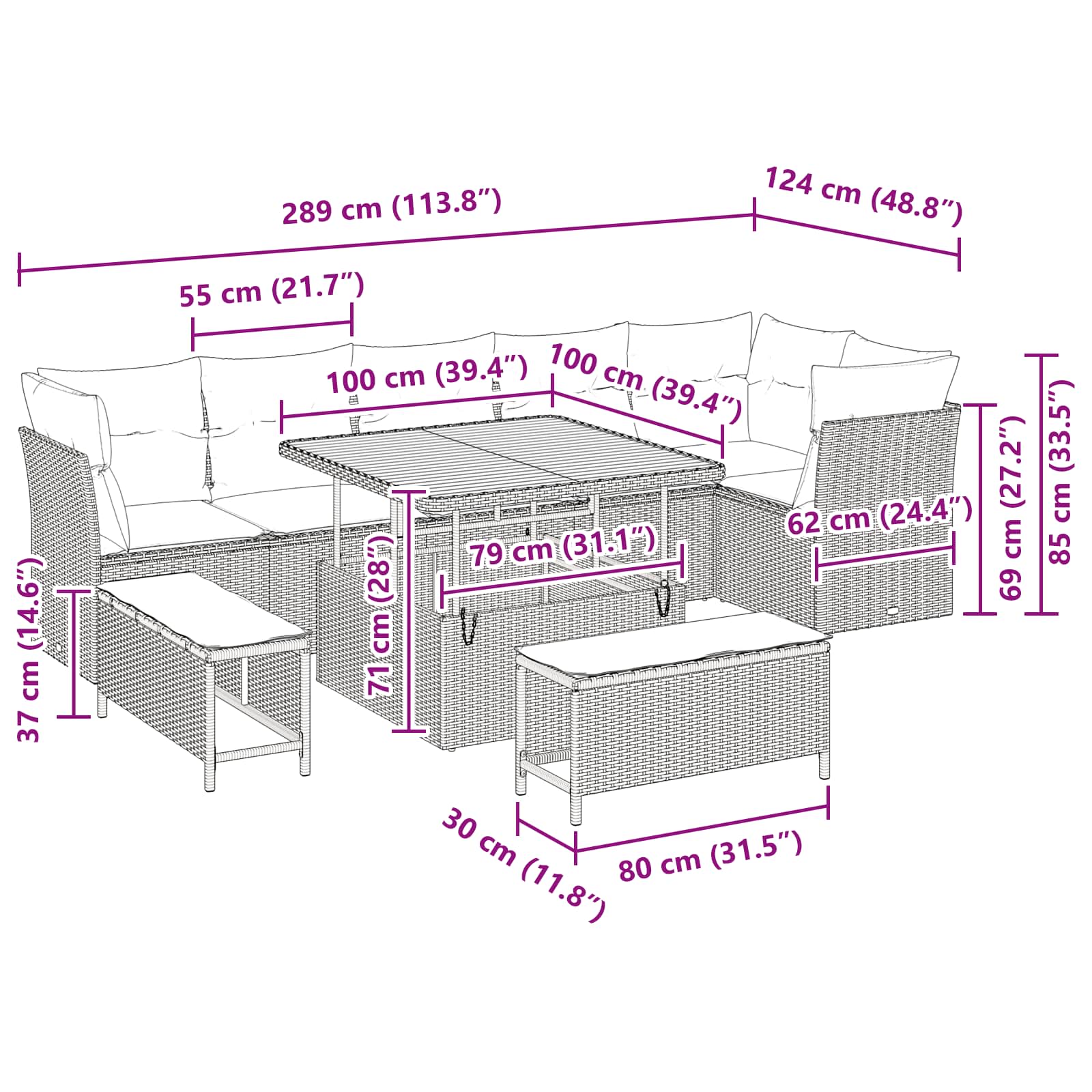 Conjunto de Sofá de Jardim com almofada 9 pcs Preto