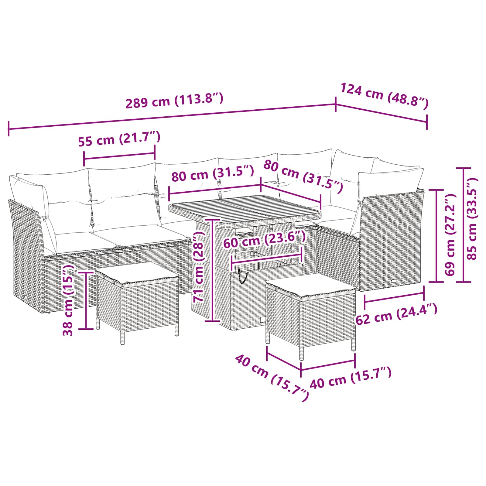 Conjunto de Sofá de Jardim com almofada 9 pcs Preto