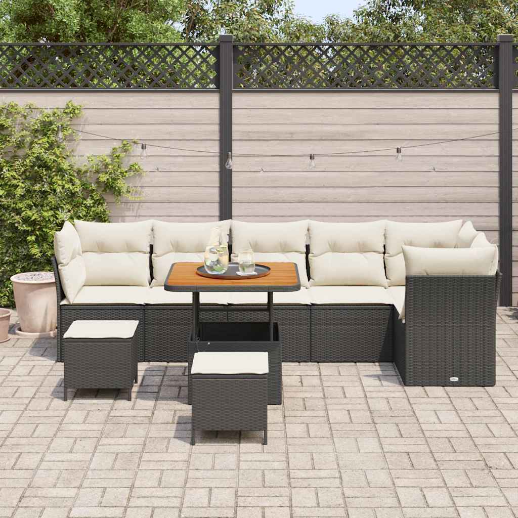 Conjunto de Sofá de Jardim com almofada 9 pcs Preto e creme