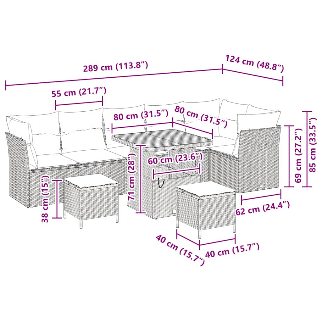 Conjunto de Sofá de Jardim 9 pcs bege e cinzento claro