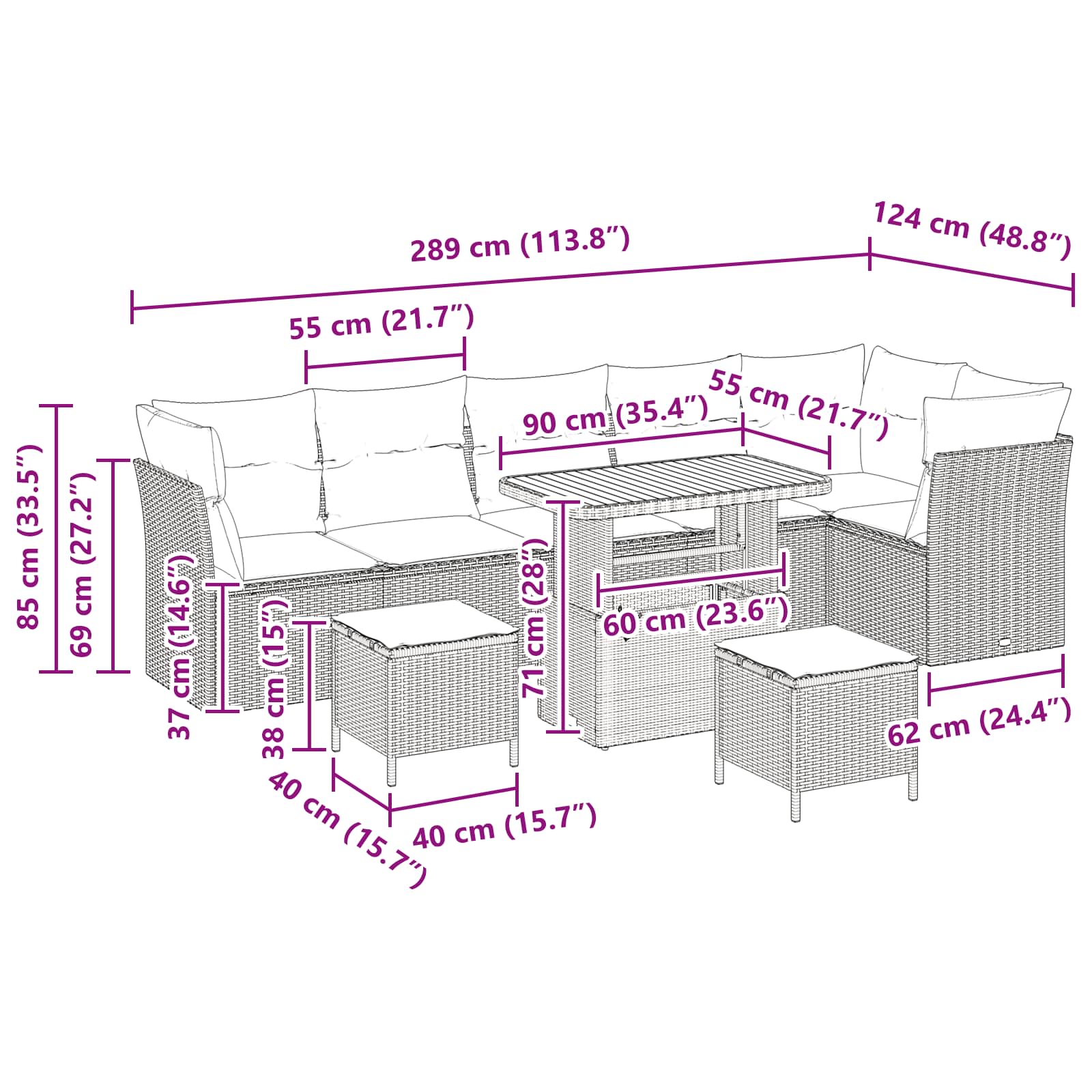 Conjunto de Sofá de Jardim Manual 9 pcs Preto 90 x 55 x 71 cm