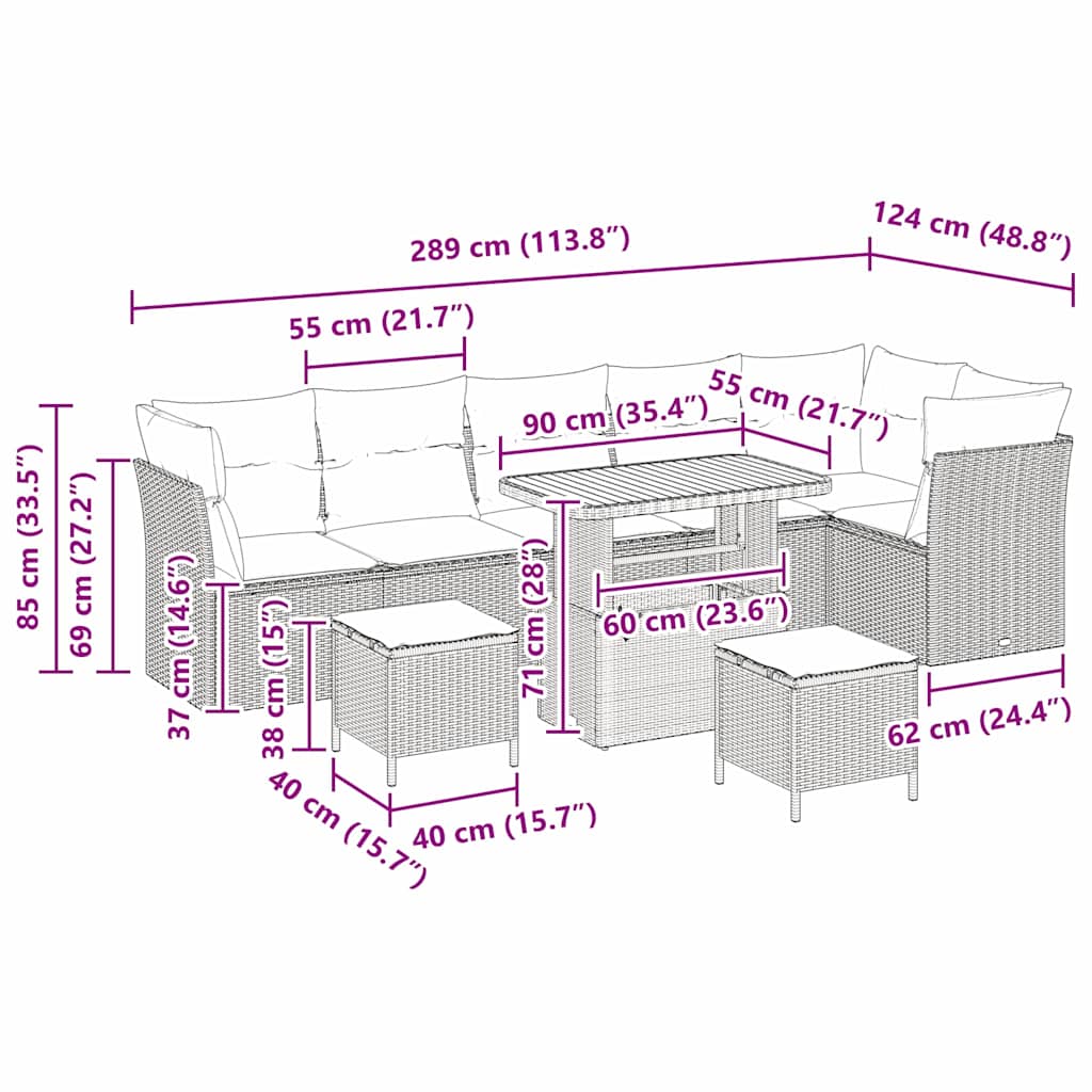 Conjunto de Sofá de Jardim 9 pcs bege e cinzento claro