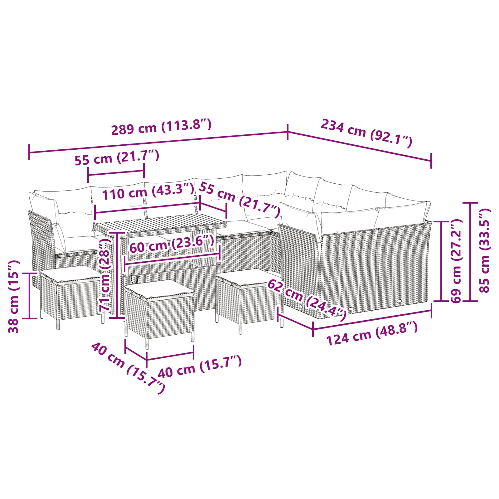 Conjunto de Sofá de Jardim com almofada 13 pcs Preto