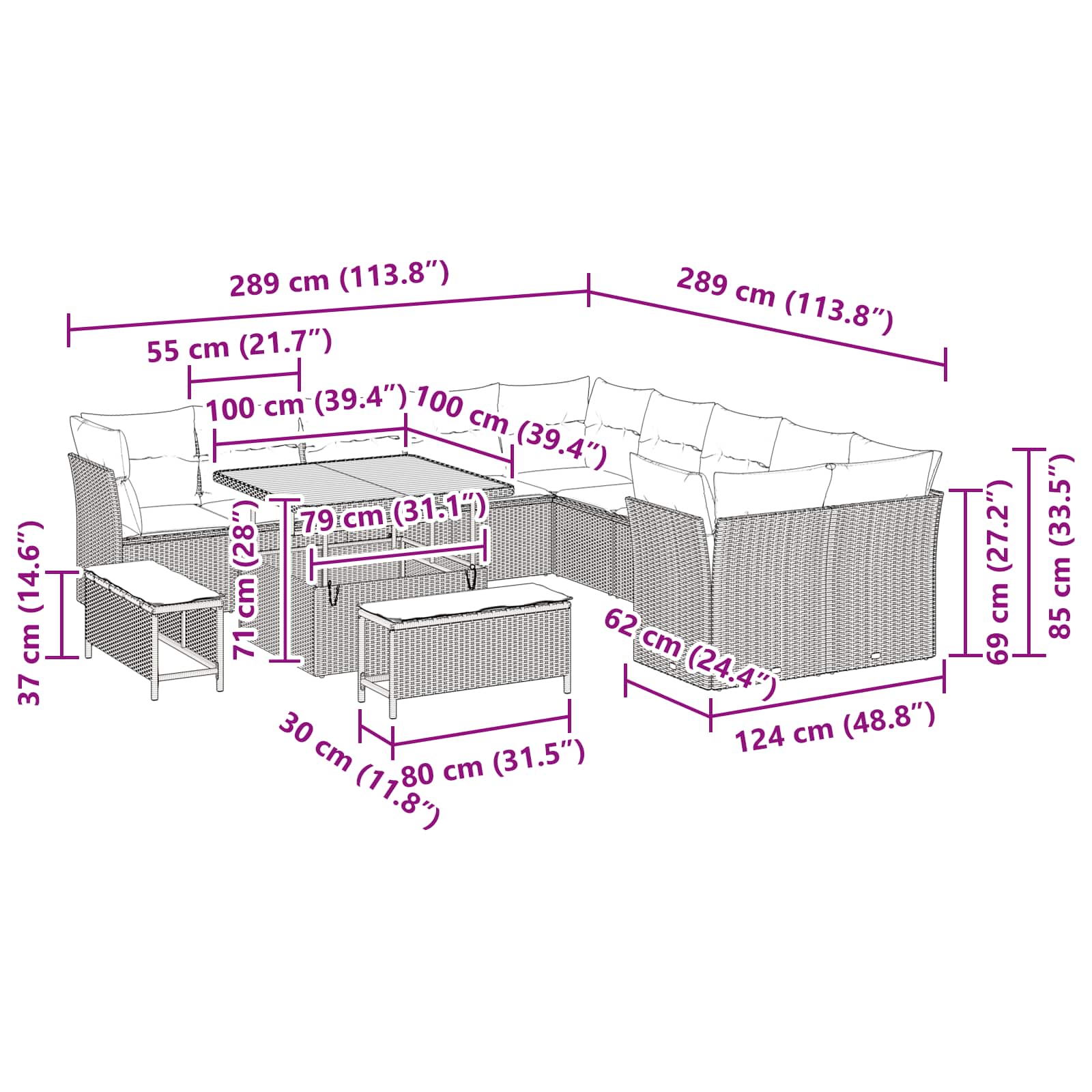 Conjunto de Sofá de Jardim com almofada 13 pcs Preto