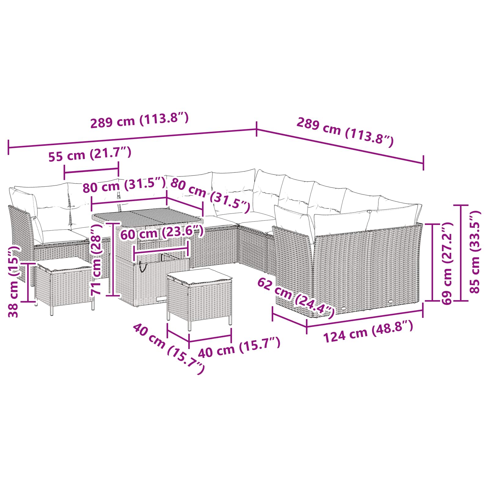 Conjunto de Sofá de Jardim com almofada 13 pcs Preto