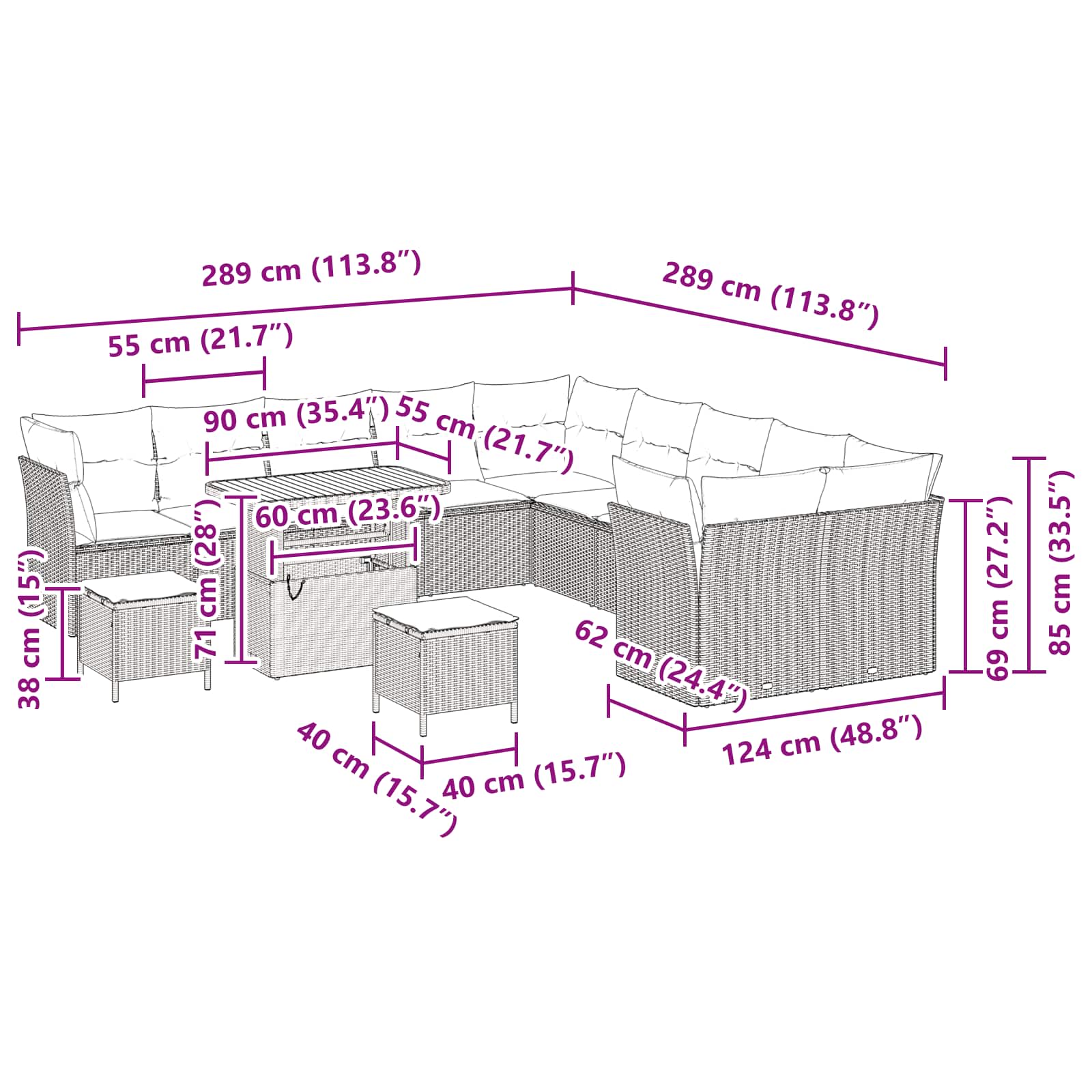 Conjunto de Sofá de Jardim com almofada 13 pcs Preto