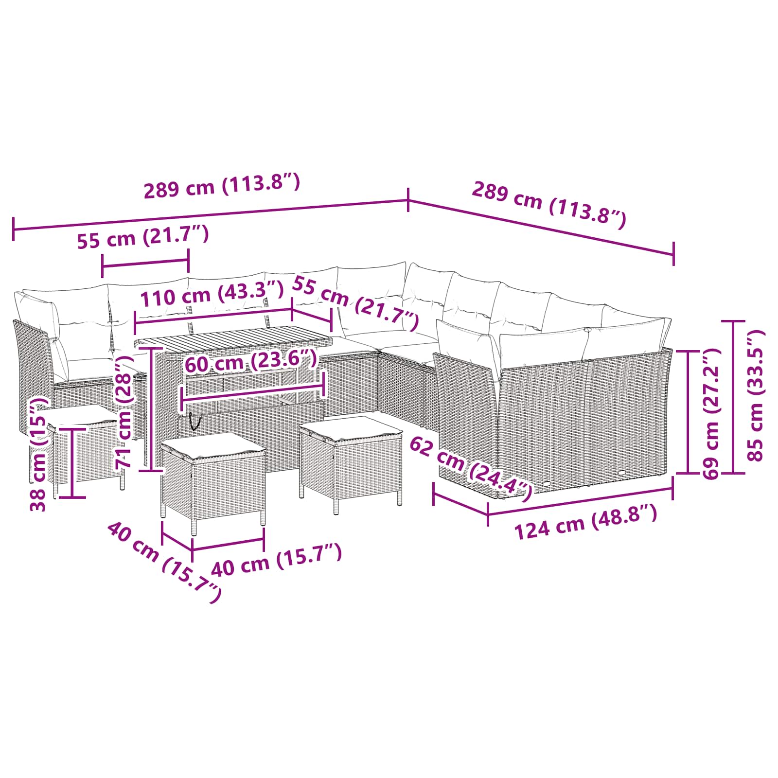 Conjunto de Sofá de Jardim com almofada 14 pcs Preto