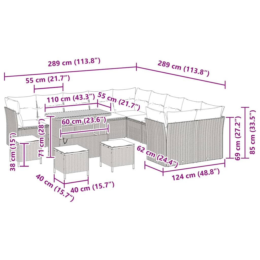 Conjunto de Sofá de Jardim com almofada 14 pcs bege e creme