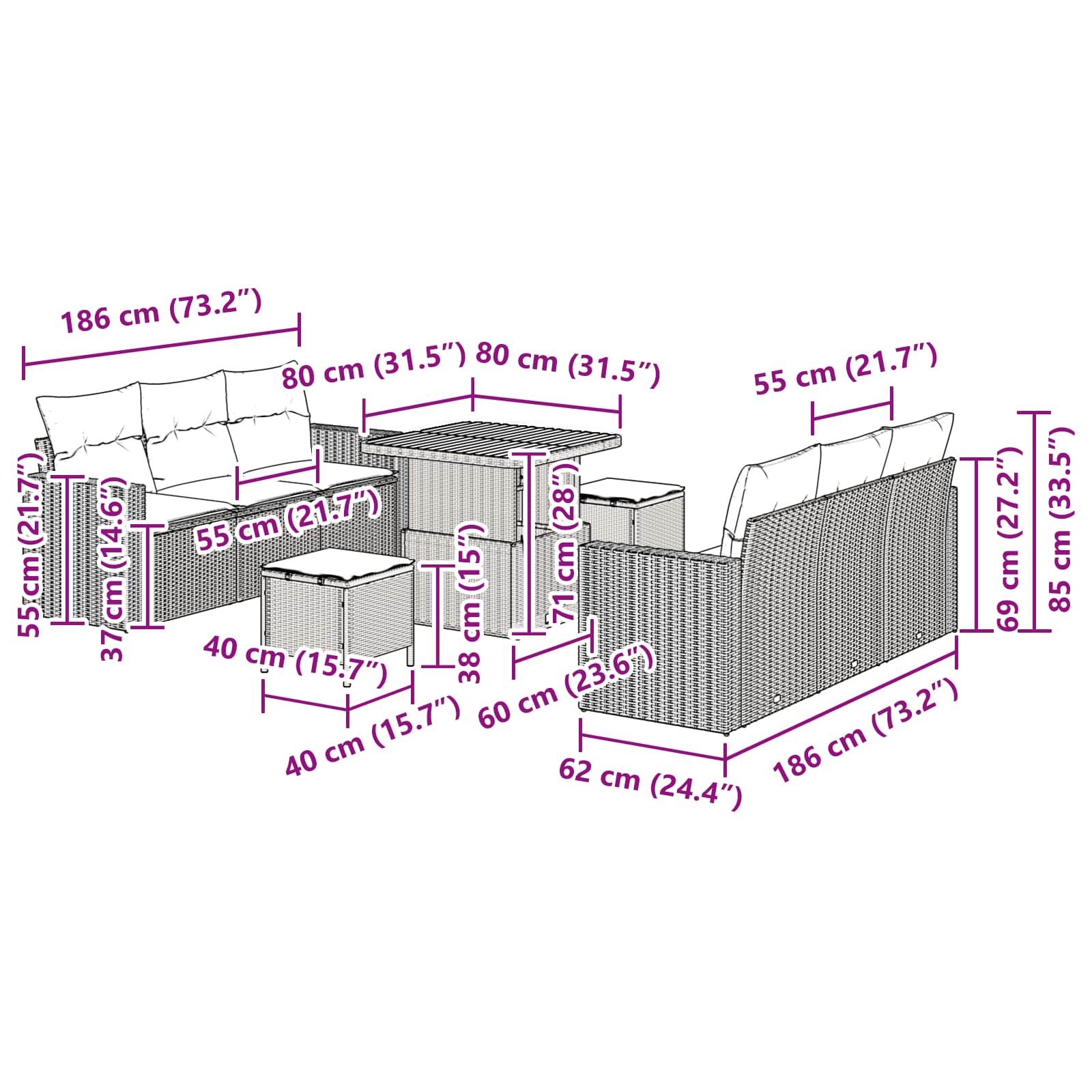 Conjunto de Sofá de Jardim com almofada Manual 9 pcs Preto