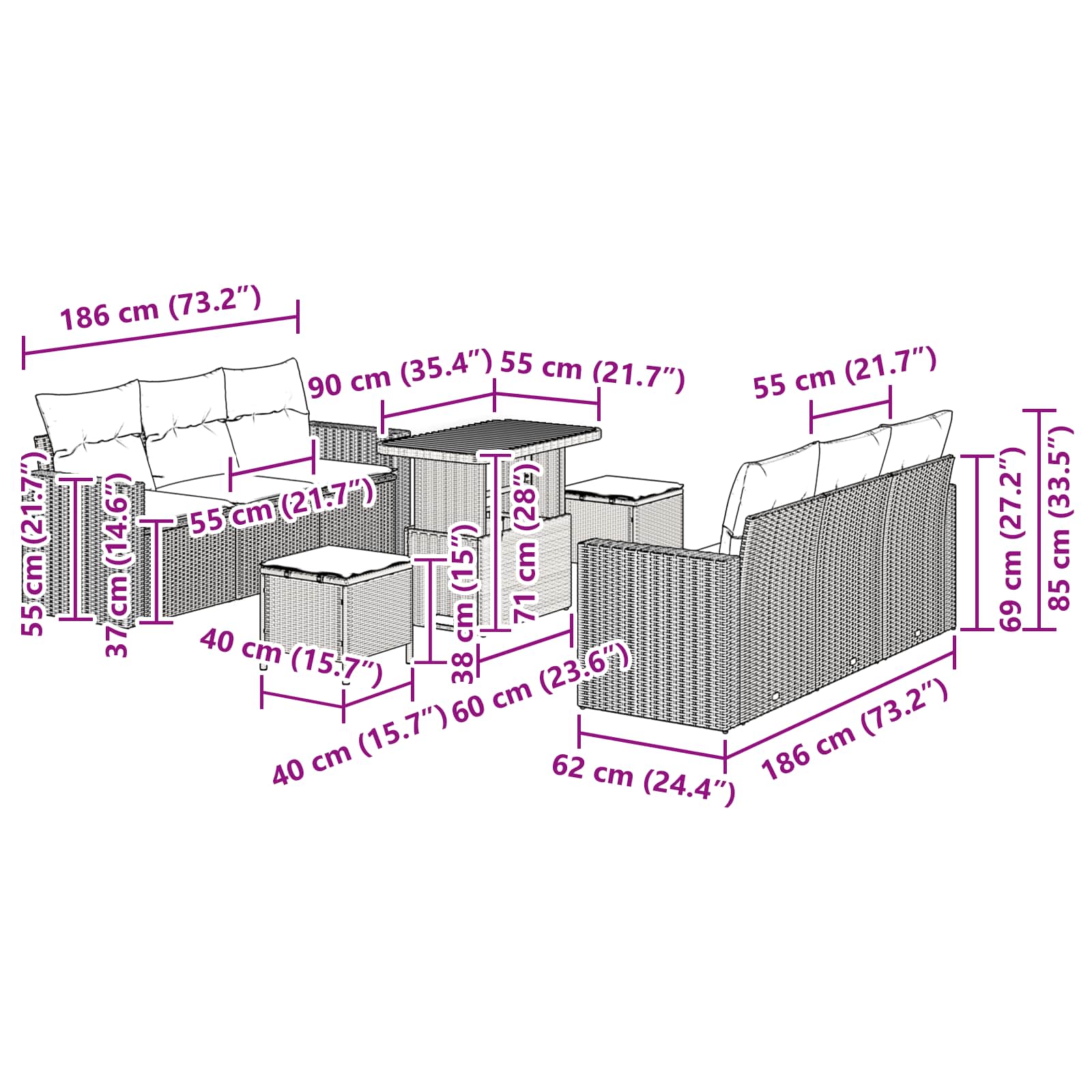 Conjunto de Sofá de Jardim com almofada Manual 9 pcs Preto