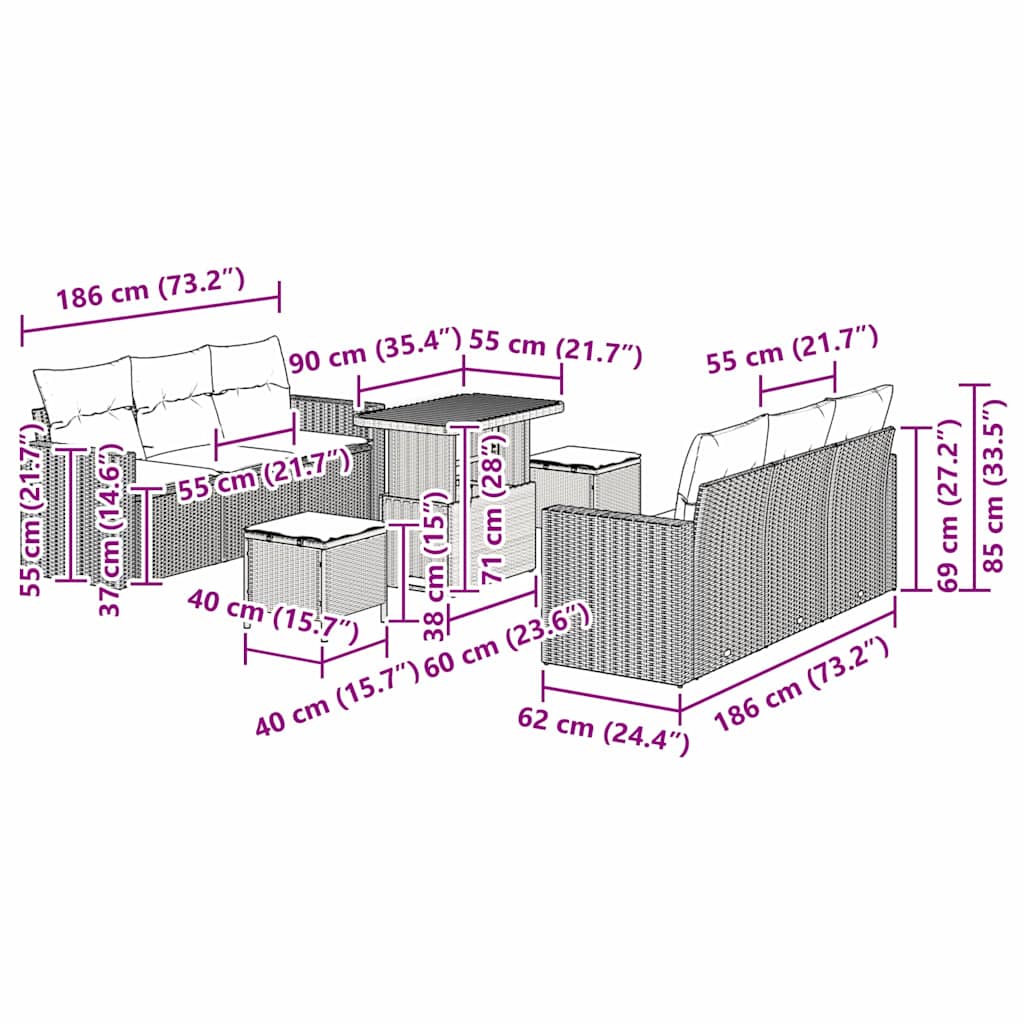 Conjunto de Sofá de Jardim com almofada 9 pcs bege e creme