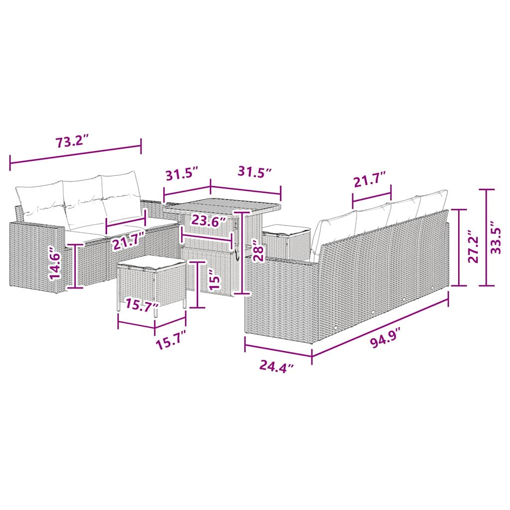 Conjunto de Sofá de Jardim com almofada Manual 10 pcs Preto