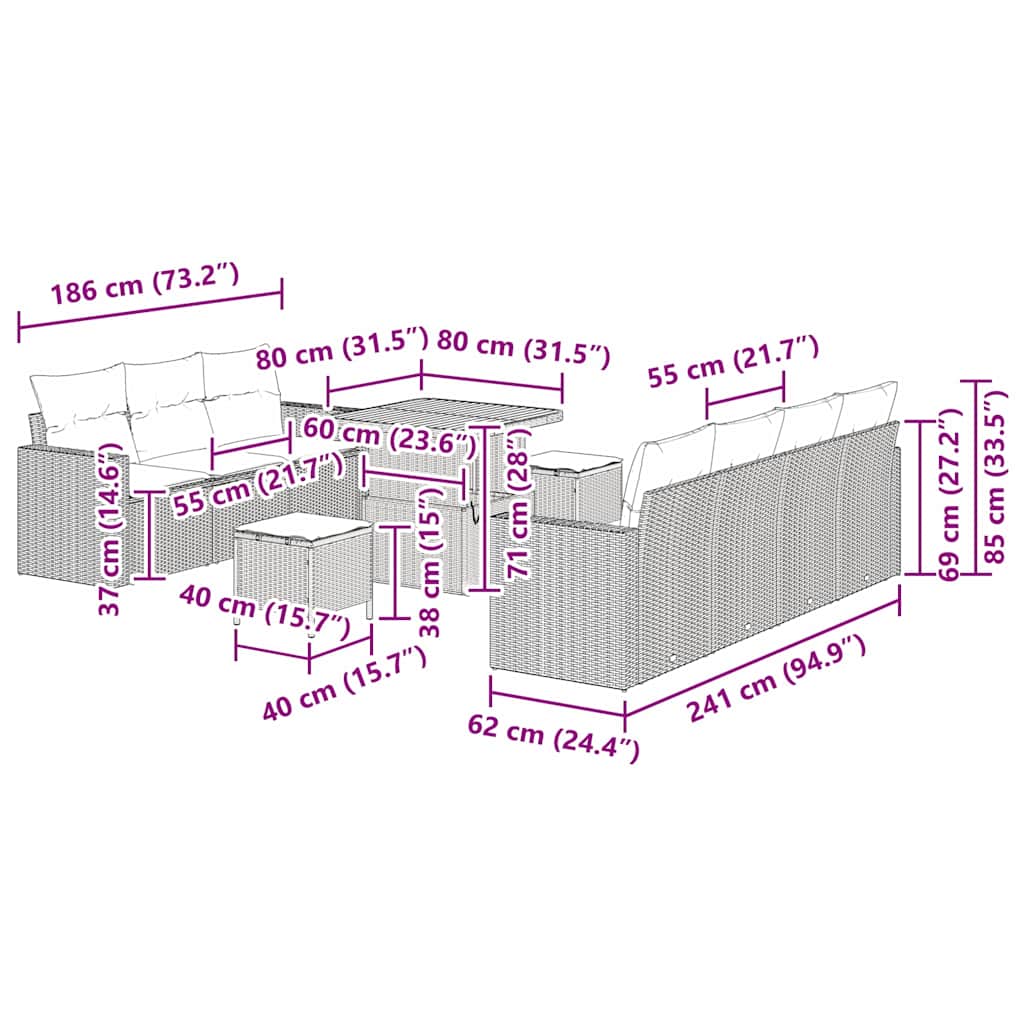 Conjunto de Sofá de Jardim Manual 10 pcs bege e cinzento claro