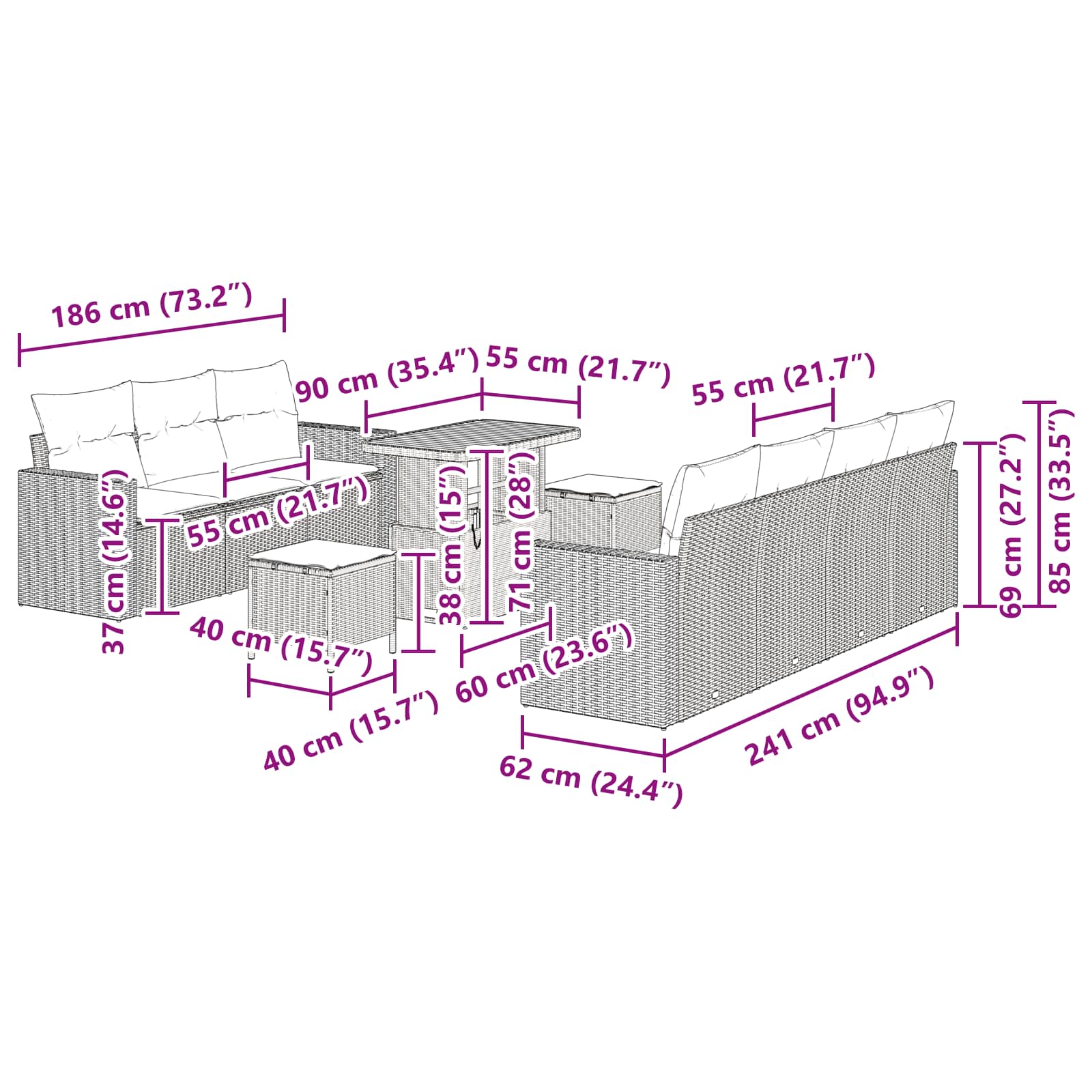 Conjunto de Sofá de Jardim com almofada Manual 10 pcs Preto