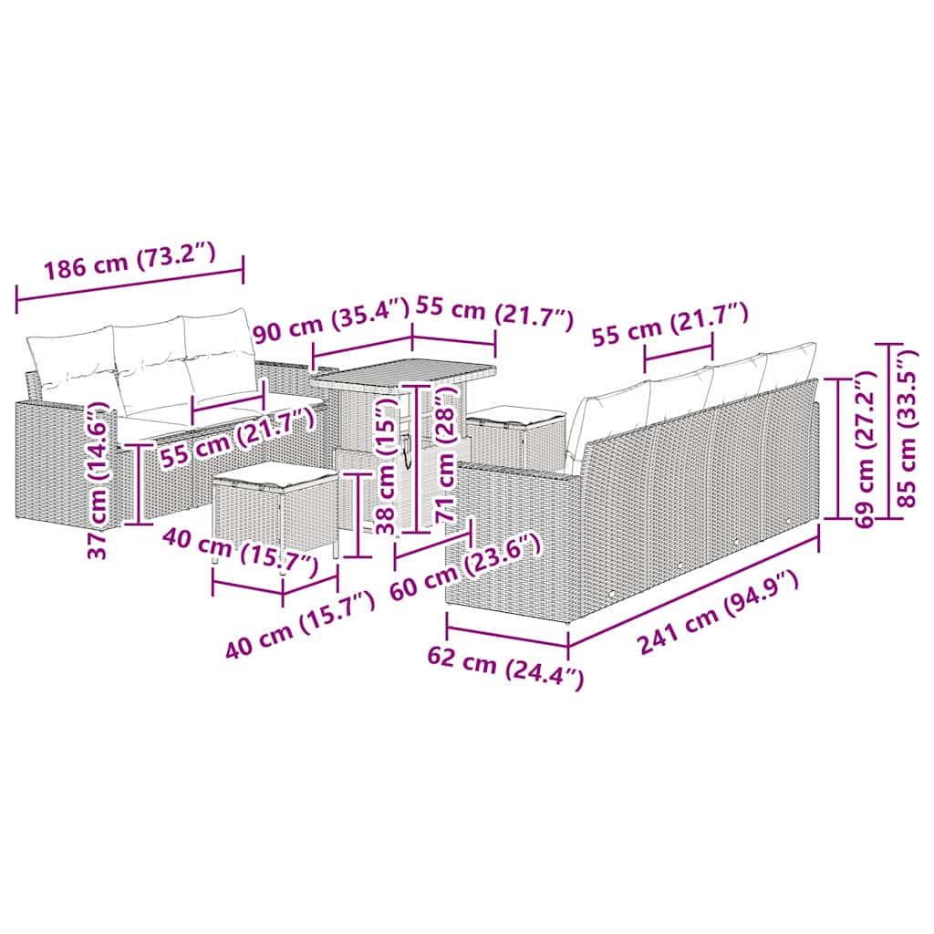 Conjunto de Sofá de Jardim com almofada Manual 10 pcs Cinzeto