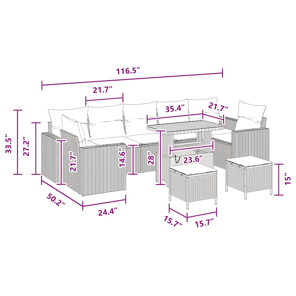 Conjunto de Sofá de Jardim com almofada Manual 10 pcs Preto