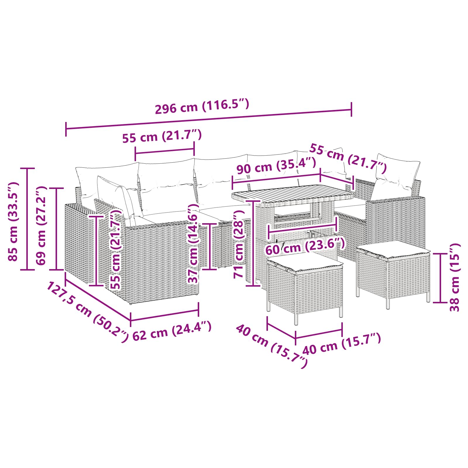 Conjunto de Sofá de Jardim com almofada Manual 10 pcs Preto