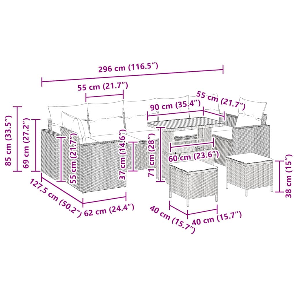 Conjunto de Sofá de Jardim Manual 10 pcs bege e cinzento claro