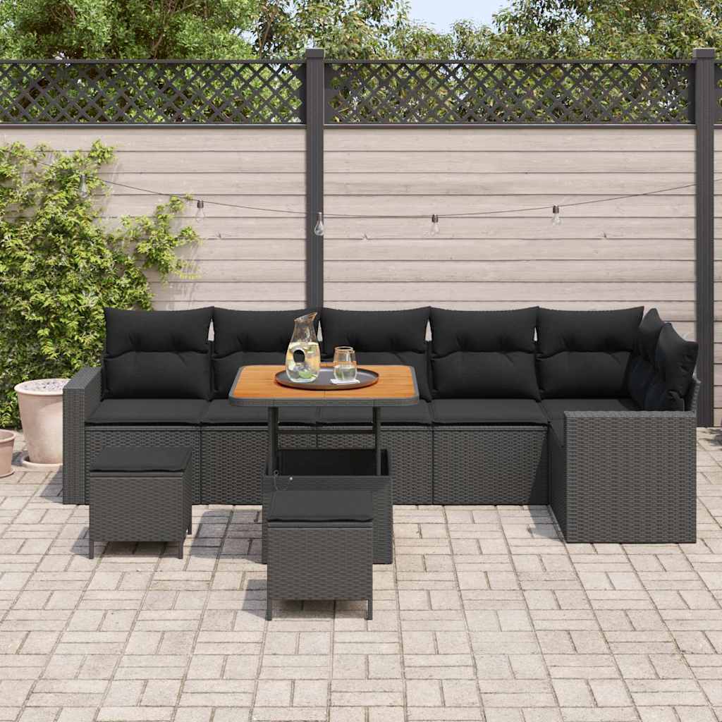 Conjunto de Sofá de Jardim com almofada 9 pcs Preto