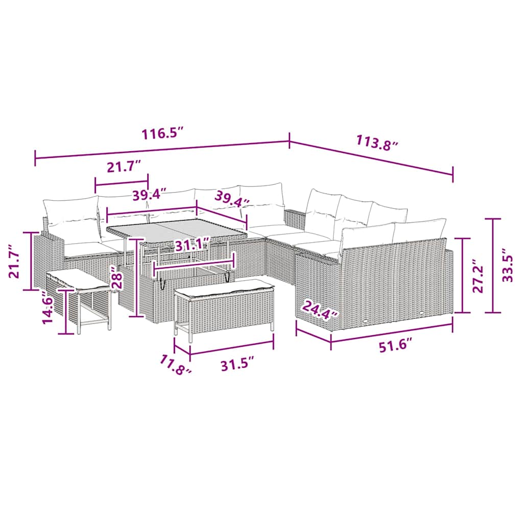Conjunto de Sofá de Jardim com almofada 13 pcs Preto