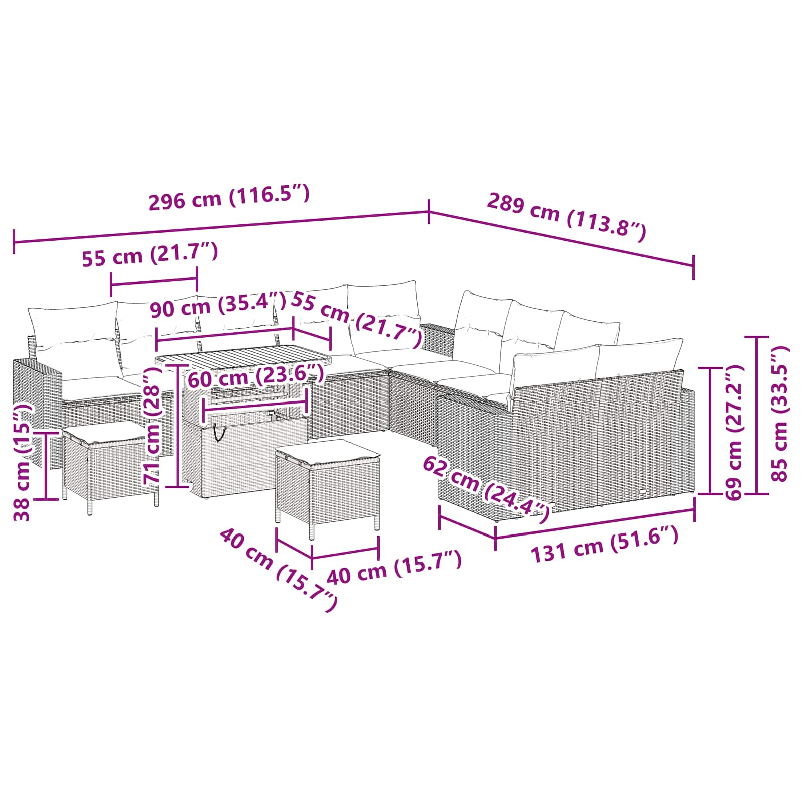 Conjunto de Sofá de Jardim com almofada 13 pcs Preto